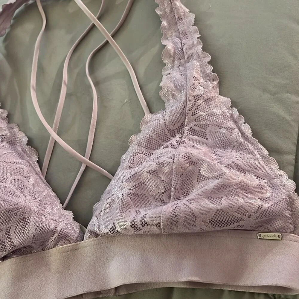 PINK Victoria's Secret Lavender Lace Bralette Halter‎ Crisscross Back S P - Picture 3 of 7